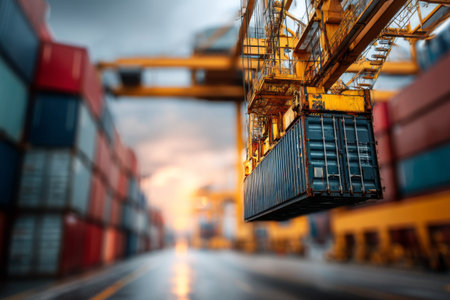 Stacked shipping containers and cranes at port terminal. Concept of logistics, trade and cargo transportの素材