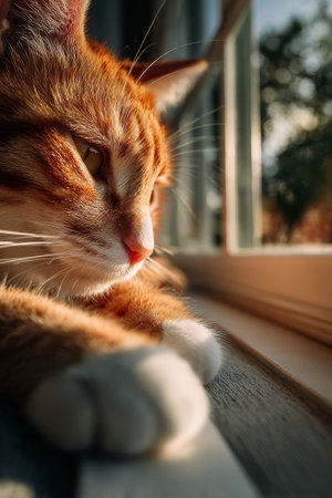 Ginger cat resting on windowsill with focus on cat paws. Concept of pets relaxationの素材