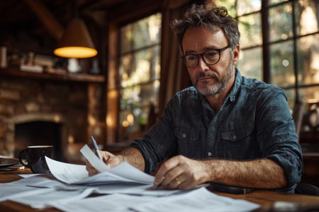 Middle aged man reading and analyzing documents at kitchen table. Concept for personal finance, paperwork and home officeの素材