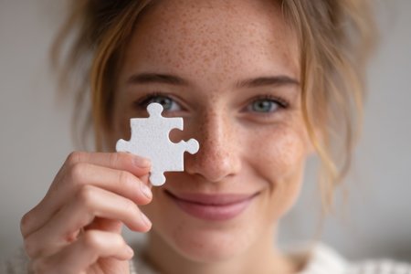 Close-up of smiling woman with freckles holding single puzzle piece in front of her face. Concept of problem solvingの素材