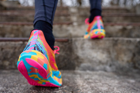 Close-up of colorful running shoes on person walking up stone steps. Runner athlete training outdoors. Concept of sports, fitness and active lifestyleの写真素材