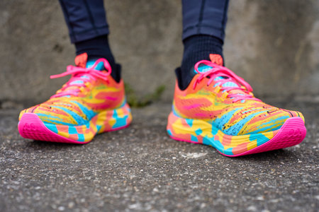 Close up of person wearing colorful running shoes with bright soles sitting on pavement. Concept of fitness, active lifestyle and training or outdoor exerciseの写真素材