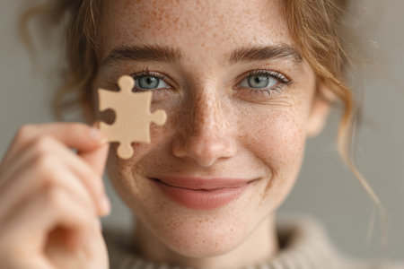 Close-up of smiling woman with freckles holding single puzzle piece in front of her face. Concept of problem solvingの素材