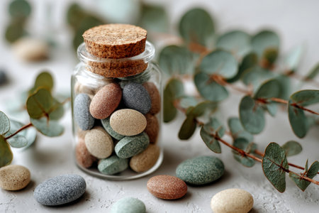 Glass jar with assorted colorful herbal supplement pills on white surface with green leaves. Natural health and alternative medicine conceptの素材