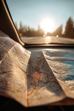 Close up of paper road map on car dashboard during driving on highway at sunset. Concept of travel, navigation, road trip and adventure planningの素材