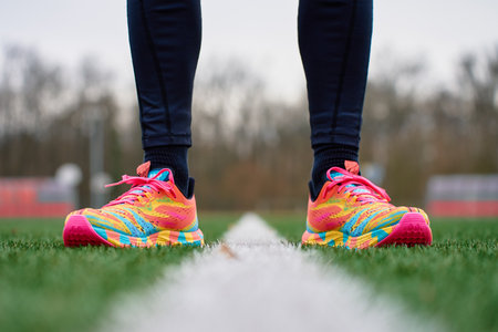 Close-up of person wearing bright colorful running shoes standing on green sports field line. Concept of fitness, lifestyle and active trainingの写真素材