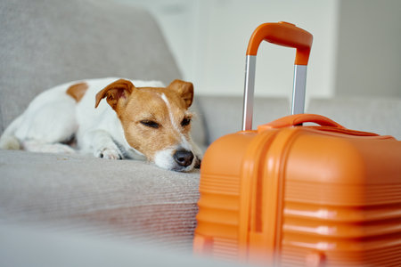 Small dog lying on couch near orange suitcase. Sad pet resting near packed luggage indoors. Jack Russell terrier dog waiting for home leaving. Concept of travel with petの写真素材