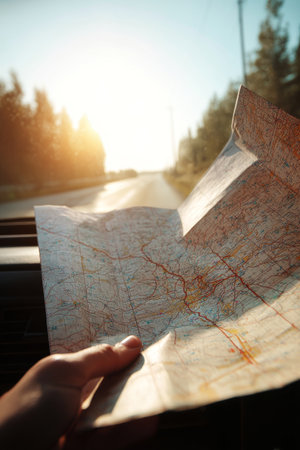 Close up of paper road map on car dashboard during driving on highway at sunset. Concept of travel, navigation, road trip and adventure planningの素材