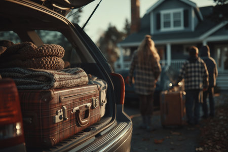Family with suitcases preparing for trip near car and house in background. Travel, moving and relocation conceptの素材