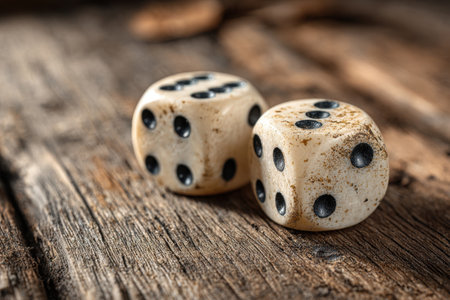 Close-up of two dice with black dots on a wooden surface. Random combination of numbers on game dicesの素材