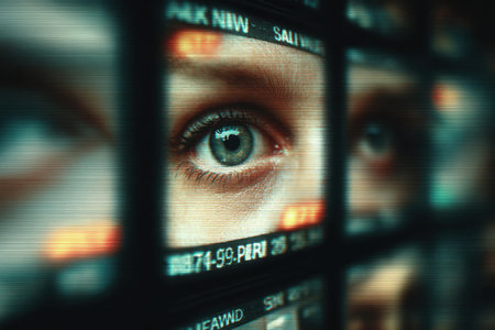 Macro view of human eye looking from multiple digital screens with colorful light. Concept of technology, media consumption and online surveillanceの素材