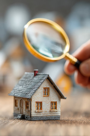 Hand holding magnifying glass focusing on small house model. Concept of real estate search, home buying, and property selectionの素材