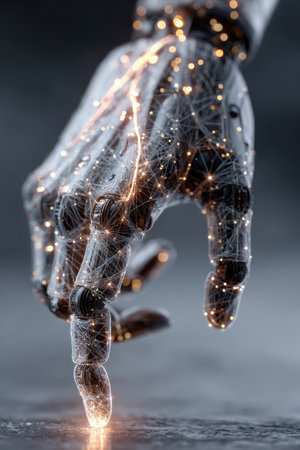 Close-up of robotic hand with glowing circuits and wires touching surface. Concept of artificial intelligence, innovation and advanced technology.の素材