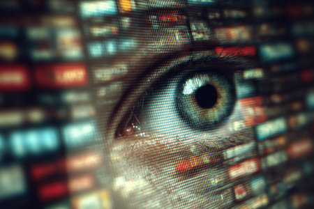 Macro view of human eye looking from multiple digital screens with colorful light. Concept of technology, media consumption and online surveillanceの素材