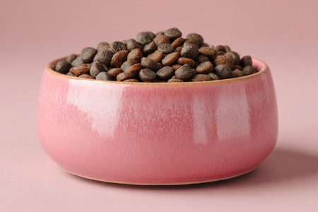 Close-up of pink ceramic bowl with mixed dry pet food on floor. Concept of animal nutrition, health and balanced diet for dogs and catsの素材