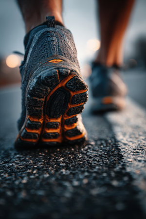 Close-up of sneakers walking on wet asphalt with blurred background. Sports shoe sole running on road. Concept of fitness, outdoor exercise and healthy lifestyleの素材
