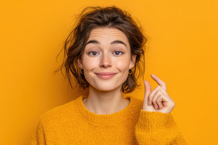 Portrait of young woman in yellow sweater showing small size gesture with fingers on orange backgroundの素材