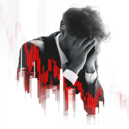 Businessman in despair with stock market crash chart overlay,white background --v 7 Job ID: 0a8a3cf8-f914-499d-82fc-835f2538dfe7の素材