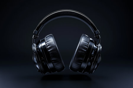 Modern black wireless headphones on dark surface. Concept of music, technology and sound qualityの素材