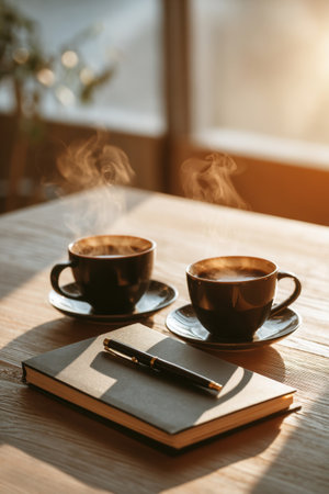 Two coffee cups with notebook and pen on wooden table in morning sunlight. Concept of cozy atmosphere, work planning and relaxationの素材
