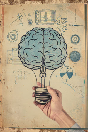 Illustration of brain inside light bulb held by hand on vintage background. Creativity and have idea conceptの素材