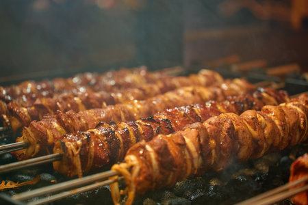 Close-up of grilled meat skewers with onion cooking on hot charcoal grill. Concept of street food,...
