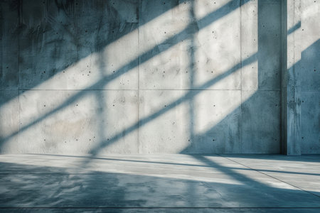 Empty room with concrete floor illuminated by sunlight creating shadows on wall. Background with copy space. Concept of modern architecture and minimal designの素材