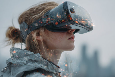 Close-up of woman wearing VR headset with futuristic city lights double exposure effect. Concept of virtual reality, gaming, digital innovation and immersive technologyの素材