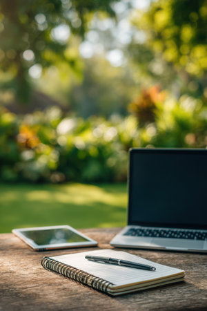 Laptop, tablet and notebook with pen on wooden table in garden surrounded by greenery. Concept of remote work, studying and outdoor digital workspaceの素材