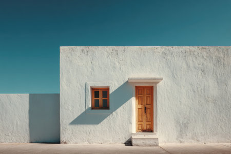 White plaster house facade with wooden door and window under clear blue sky. Minimal architecture conceptの素材