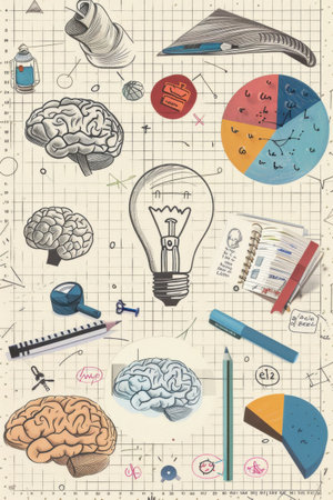 Collage with brain drawings, light bulb, pie charts and stationery on graph paper background. Concept of creativity, brainstorming and planningの素材