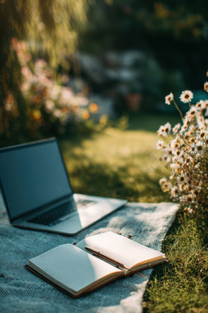 Laptop and open notebook with pen on blanket in garden surrounded by flowers and greenery. Concept of remote work, studying and relaxationの素材