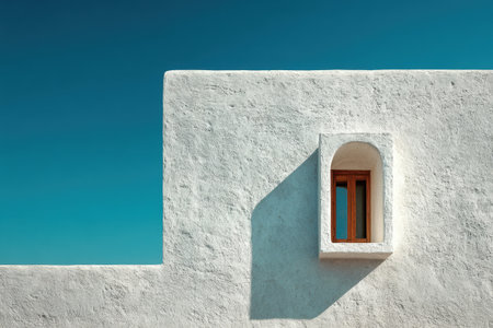 White plastered facade with wooden window under clear blue sky. Concept of minimalism in architectureの素材