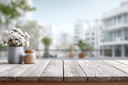 Empty wooden table with jar and flowers in vase against blurred city backgroundの素材