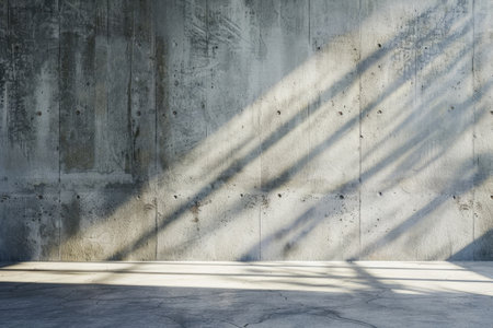 Empty room with concrete floor illuminated by sunlight creating shadows on wall. Background with copy space. Concept of modern architecture and minimal designの素材