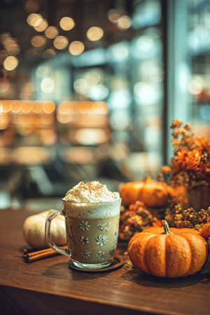 Glass of pumpkin spice latte with whipped cream and cinnamon on table, surrounded by small pumpkins and autumn leaves. Concept of seasonal drink and cozy atmosphere in cafeの素材