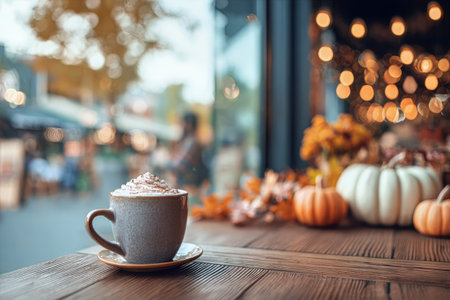 Cup of pumpkin spice latte with whipped cream and cinnamon on table, surrounded by small pumpkins and autumn leaves. Concept of seasonal drink and cozy atmosphere in cafeの素材