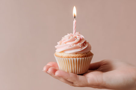 Cupcake with white cream and lit candle in hand on pink background with copy space. Concept of birthday celebration, anniversary and festive dessertの素材