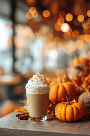 Glass of pumpkin spice latte with whipped cream and cinnamon on table, surrounded by small pumpkins and autumn leaves. Concept of seasonal drink and cozy atmosphere in cafeの素材