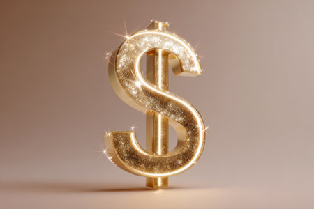 Golden dollar sign made of shiny glitter pieces beige background. Wealth and finance conceptの素材