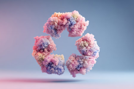 Abstract recycle symbol made of colorful particles on soft gradient background. Concept of ecology, recycling and environmental protectionの素材