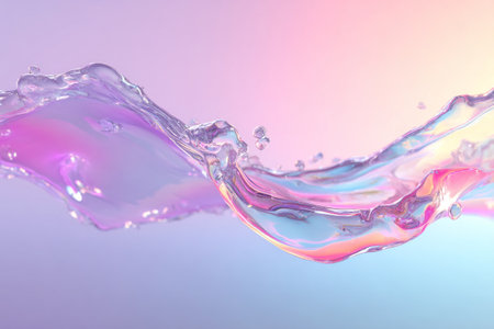 Dynamic splash of liquid with vibrant pink, purple and blue gradient on pastel backgroundの素材