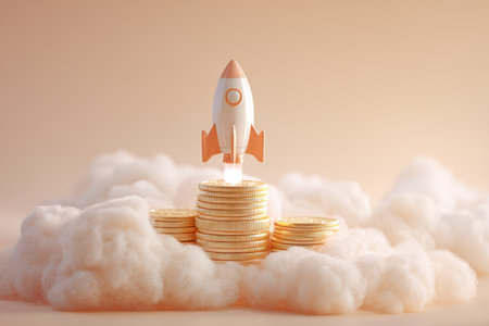 Rocket model taking off above stacks of gold coins with clouds and glow. Concept of financial growth, business success and startup launchの素材