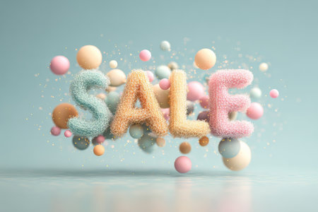 Word SALE with floating shapes and confetti on colorful pastel background. Concept of discount, promotions and shoppingの素材