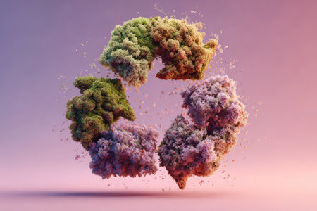 Recycling symbol made of moss and natural elements breaking into small fragments on pink background. Concept of ecology, sustainability and environmental careの素材