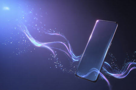 Modern smartphone floating above glowing neon light trails and abstract particles on dark background. Concept of technology, communication and digital innovationの素材
