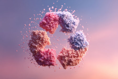 Abstract recycle symbol made of colorful particles on soft gradient background. Concept of ecology, recycling and environmental protectionの素材