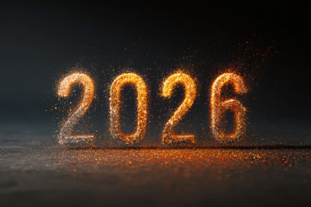 Number 2026 made of golden glitter digits with sparkling glowing particles on dark background. Decorations for winter holidays. Concept of New Year celebrationの素材
