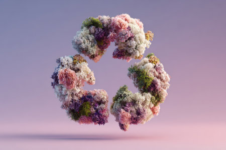 Recycling symbol made of moss and natural elements breaking into small fragments on pink background. Concept of ecology, sustainability and environmental careの素材