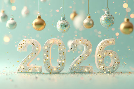 Number 2026 made of transparent digits with golden confetti and surrounded by hanging Christmas ornaments on blue background. Concept of New Year celebration, winter holidays and festive decorationの素材